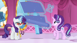 Size: 1600x900 | Tagged: safe, screencap, character:rarity, character:starlight glimmer, episode:a-dressing memories, 9now, boutique, cutting, fabric, glasses, levitation, magic, mannequin, measuring tape, rarity's glasses, scissors, self harm, telekinesis