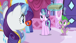 Size: 1600x900 | Tagged: safe, screencap, character:rarity, character:spike, character:starlight glimmer, species:dragon, episode:a-dressing memories, 9now, boutique, box, curtains, glasses, levitation, magic, measuring tape, rarity's glasses, scissors, telekinesis, winged spike