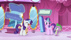 Size: 1600x900 | Tagged: safe, screencap, character:rarity, character:spike, character:starlight glimmer, episode:a-dressing memories, 9now, book, boutique, clothing, curtains, dress, fabric, levitation, magic, measuring tape, mirror, raised arms, rarity's glasses, scissors, scrapbook, telekinesis
