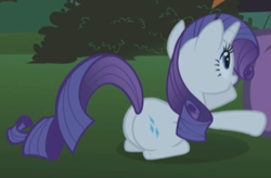 Size: 412x270 | Tagged: safe, screencap, character:rarity, character:steven magnet, species:pony, species:unicorn, episode:friendship is magic, g4, my little pony: friendship is magic, butt, cropped, female, mare, plot, prone, solo focus