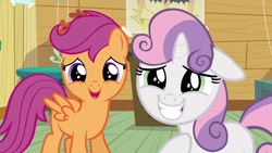 Size: 1280x720 | Tagged: safe, screencap, character:scootaloo, character:sweetie belle, species:pegasus, species:pony, species:unicorn, episode:bloom and gloom, g4, my little pony: friendship is magic, clubhouse, crusaders clubhouse, cute, cutealoo, diasweetes, duo, female, filly, floppy ears, smiling