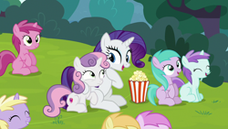Size: 1280x720 | Tagged: safe, screencap, character:aura, character:dinky hooves, character:liza doolots, character:noi, character:petunia, character:piña colada, character:rarity, character:ruby pinch, character:sweetie belle, character:tootsie flute, species:earth pony, species:pony, species:unicorn, episode:forever filly, g4, my little pony: friendship is magic, female, filly, food, mare, open mouth, popcorn