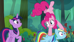 Size: 1280x720 | Tagged: safe, screencap, character:pinkie pie, character:rainbow dash, character:twilight sparkle, character:twilight sparkle (alicorn), species:alicorn, species:pony, episode:the mean 6, g4, my little pony: friendship is magic, female, forest, mare, smiling