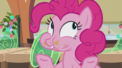 Size: 1280x720 | Tagged: safe, screencap, character:pinkie pie, species:pony, episode:hearthbreakers, g4, my little pony: friendship is magic, aweeg*, chipmunk cheeks, cute, diapinkes, eating, female, mare, smiling, solo, train