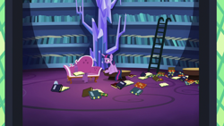Size: 1920x1080 | Tagged: safe, screencap, character:twilight sparkle, character:twilight sparkle (alicorn), species:alicorn, species:pony, species:unicorn, episode:dragon dropped, g4, my little pony: friendship is magic, book, couch, fainting couch, female, ladder, library, mare, sitting, solo, twilight's castle, twilight's castle library