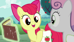 Size: 1280x720 | Tagged: safe, screencap, character:apple bloom, character:sweetie belle, species:earth pony, species:pony, species:unicorn, episode:the cart before the ponies, g4, my little pony: friendship is magic, adorabloom, book, cute, female, filly, magic, open mouth, telekinesis