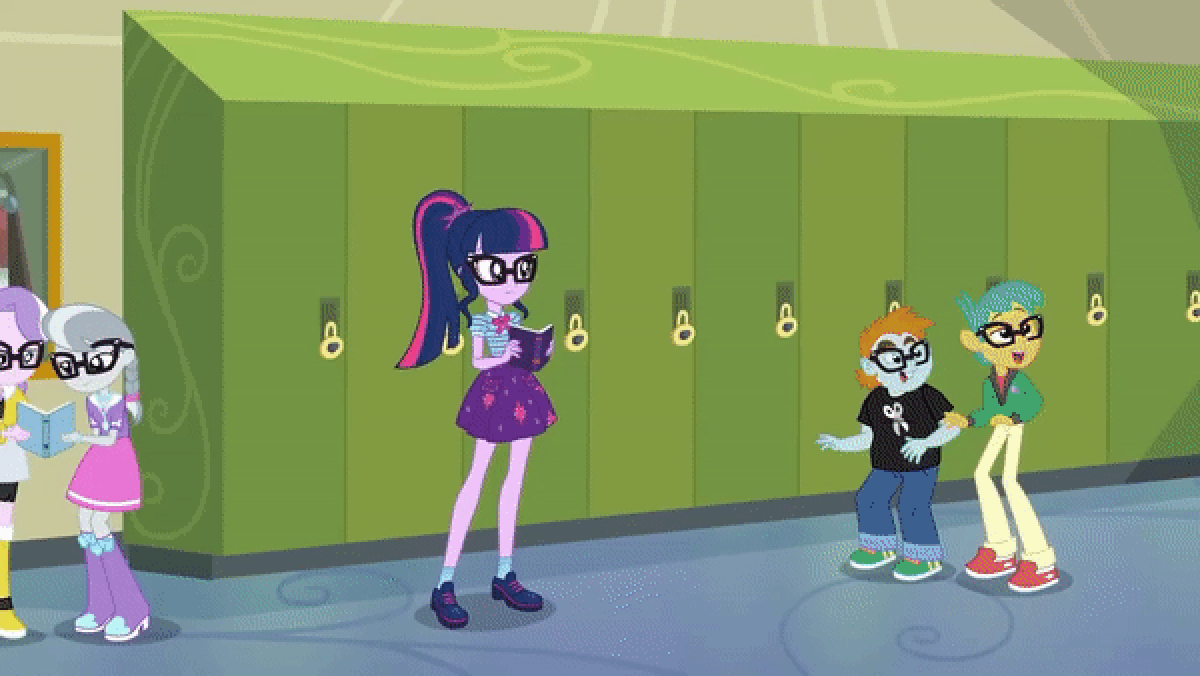 Size: 1200x676 | Tagged: safe, screencap, character:diamond tiara, character:silver spoon, character:snails, character:snips, character:twilight sparkle, character:twilight sparkle (scitwi), species:eqg human, episode:best trends forever, g4, my little pony:equestria girls, animated, best trends forever: twilight sparkle, book, boots, choose twilight sparkle, clothing, gif, glasses, jacket, jeans, jewelry, necklace, pants, shirt, shoes, skirt