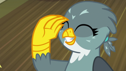 Size: 1920x1080 | Tagged: safe, screencap, character:gabby, species:griffon, episode:dragon dropped, g4, my little pony: friendship is magic, beak, cheerful, claws, cute, eyes closed, female, gabbybetes, grin, ponytail, post office, raised arm, salute, smiling, solo, talons