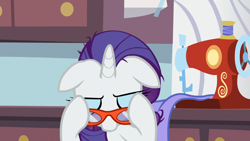 Size: 1920x1080 | Tagged: safe, screencap, character:rarity, species:pony, species:unicorn, episode:canterlot boutique, g4, my little pony: friendship is magic, female, frazzled, glasses, mare, rarity's glasses, sewing machine, solo