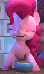 Size: 388x655 | Tagged: safe, screencap, character:pinkie pie, species:earth pony, species:pony, bowl, cropped, cute, diapinkes, eyes closed, female, hello pinkie pie, laughing, solo, table, walnut