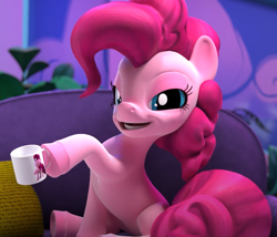 Size: 882x756 | Tagged: safe, screencap, character:pinkie pie, species:earth pony, species:pony, coffee mug, cropped, dexterous hooves, faec, female, great moments in animation, hello pinkie pie, hoof hold, meme, mug, solo, trollface