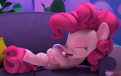 Size: 921x577 | Tagged: safe, screencap, character:pinkie pie, species:earth pony, species:pony, couch, cropped, cute, diapinkes, eyes closed, female, hello pinkie pie, laughing, solo