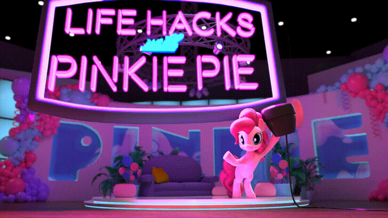 Size: 800x450 | Tagged: safe, screencap, character:pinkie pie, species:earth pony, species:pony, 3d, animated, female, gif, hello pinkie pie, mare, neon, neon sign, pinkie being pinkie, pinkie physics, solo