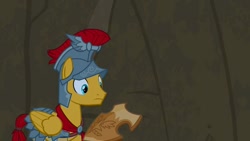 Size: 1280x720 | Tagged: safe, screencap, character:flash magnus, species:pegasus, species:pony, episode:campfire tales, g4, my little pony: friendship is magic, armor, armor skirt, clothing, helmet, male, netitus, shield, skirt, solo, stallion