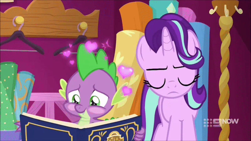 Size: 800x450 | Tagged: safe, screencap, character:rarity, character:spike, character:starlight glimmer, species:dragon, species:pony, species:unicorn, ship:sparlight, episode:a-dressing memories, animated, female, gif, jealous, male, shipping, straight