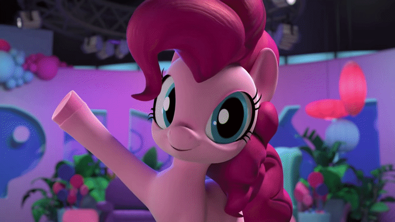 Size: 800x450 | Tagged: safe, screencap, character:gummy, character:pinkie pie, species:earth pony, species:pony, 3d, alligator, animated, catapult, chair, cupcake, drum kit, drums, food, food on face, furniture, gif, hello pinkie pie, musical instrument, pinkie pie's diy life hacks, running, stage light, studio, suprise attack, surprised