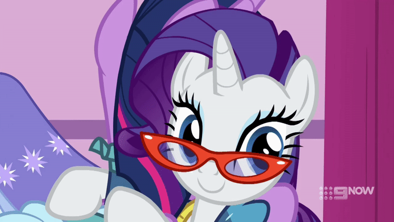 Size: 800x450 | Tagged: safe, screencap, character:rarity, character:twilight sparkle, character:twilight sparkle (alicorn), species:alicorn, species:pony, species:unicorn, episode:a-dressing memories, 9now, animated, beautiful, blue eyes, cute, duo, eyeshadow, female, friends, gif, hair flip, happy, hug, looking at someone, makeup, mare, raribetes, rarity's glasses, smiling, wink