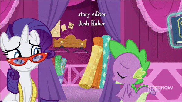 Size: 600x338 | Tagged: safe, screencap, character:fluttershy, character:rarity, character:spike, character:starlight glimmer, species:dragon, species:pony, species:unicorn, ship:sparlight, episode:a-dressing memories, 9now, animated, book, female, gif, jealous, male, shipping, straight, winged spike