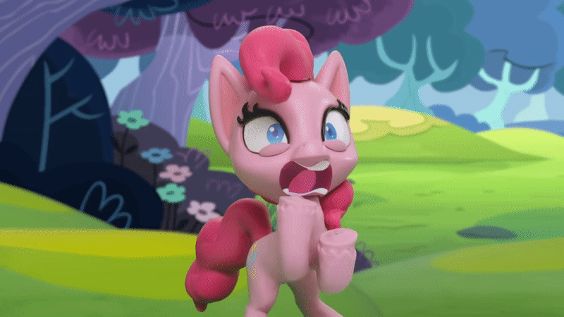 Size: 800x450 | Tagged: safe, screencap, character:pinkie pie, species:earth pony, species:pony, g4.5, my little pony: stop motion short, my little pony:pony life, animated, faec, flower, gif, grass, outdoors, pinkie pie vs the flowers, screaming, solo, stop motion, tree