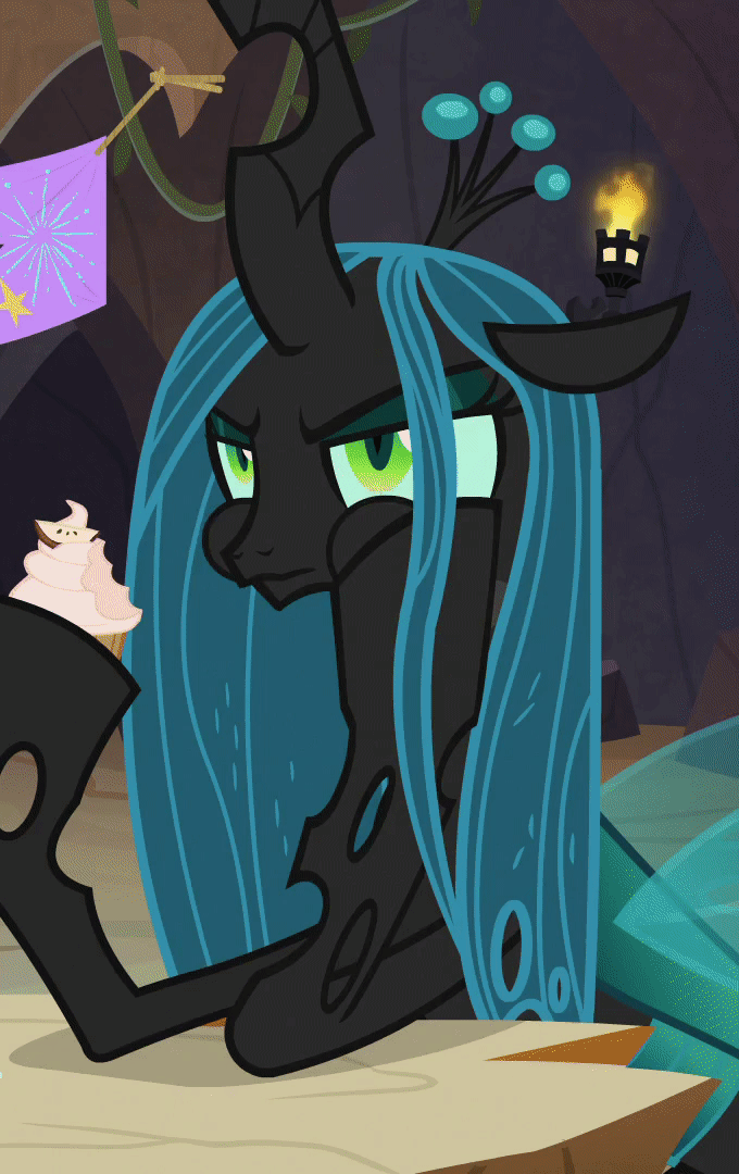 Size: 680x1080 | Tagged: safe, screencap, character:queen chrysalis, species:changeling, episode:frenemies, g4, my little pony: friendship is magic, animated, better way to be bad, changeling queen, cropped, cupcake, eating, female, food, gif, reaction image, solo, surprised, surprised face