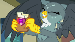 Size: 1920x1080 | Tagged: safe, screencap, character:gabby, species:griffon, episode:dragon dropped, g4, my little pony: friendship is magic, bag, eyes closed, female, post office, saddle bag, solo