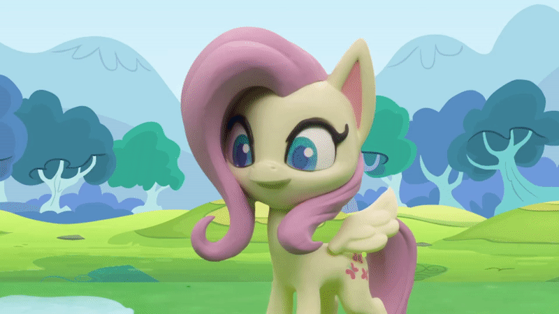 Size: 800x450 | Tagged: safe, screencap, character:fluttershy, species:pegasus, species:pony, g4.5, my little pony: stop motion short, my little pony:pony life, animated, blinking, flying away, gif, open mouth, pre sneeze, puddle, rainy day puddle play, sneezing, solo, stop motion, wings
