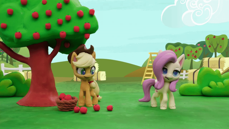 Size: 800x450 | Tagged: safe, screencap, character:applejack, character:fluttershy, species:earth pony, species:pegasus, species:pony, g4.5, my little pony: stop motion short, my little pony:pony life, animated, apple, apple tree, applejack's hat, basket, clothing, cowboy hat, food, gif, hat, hay bale, ladder, pre sneeze, rainy day puddle play, sneezing, stop motion, tree, whoops, wings