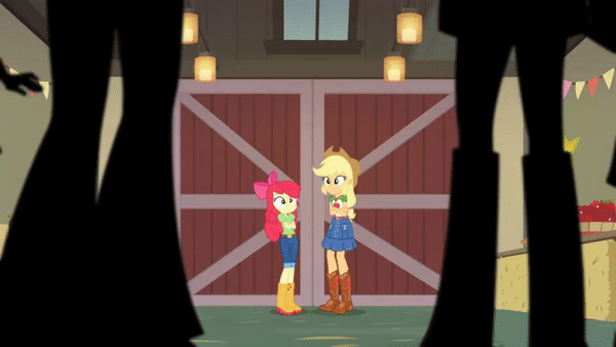 Size: 1200x676 | Tagged: safe, screencap, character:apple bloom, character:applejack, equestria girls:holidays unwrapped, g4, my little pony:equestria girls, animated, apple bloom's bow, applejack's hat, barn, boots, bow, clothing, cowboy boots, cowboy hat, gif, hair bow, hat, jeans, pants, shadow, shirt, shoes, skirt, table, the cider louse fools