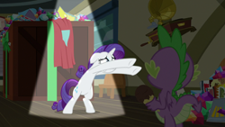 Size: 1920x1080 | Tagged: safe, screencap, character:rarity, character:spike, species:dragon, species:pony, species:unicorn, episode:dragon dropped, g4, my little pony: friendship is magic, comic book, female, food, gem, ice cream, mare, post office, record player, winged spike