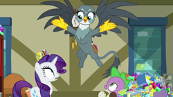 Size: 1920x1080 | Tagged: safe, screencap, character:gabby, character:rarity, character:spike, species:dragon, species:griffon, species:pony, species:unicorn, episode:dragon dropped, g4, my little pony: friendship is magic, comic book, female, food, gem, ice cream, mare, post office, spread arms, spread wings, trio, winged spike, wings