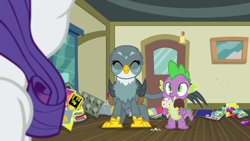 Size: 1920x1080 | Tagged: safe, screencap, character:gabby, character:rarity, character:spike, species:dragon, species:griffon, episode:dragon dropped, g4, my little pony: friendship is magic, comic book, female, food, gem, ice cream, ice cream cone, male, post office, winged spike
