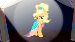 Size: 1280x720 | Tagged: safe, screencap, character:applejack, episode:simple ways, g4, my little pony: friendship is magic, alternate hairstyle, applejewel, bedroom eyes, clothing, female, looking at you, simple background, sliding background, solo