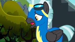 Size: 1280x720 | Tagged: safe, screencap, character:thunderlane, species:pegasus, species:pony, episode:marks and recreation, g4, my little pony: friendship is magic, clothing, goggles, male, solo, stallion, uniform, wonderbolts, wonderbolts uniform
