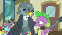 Size: 1920x1080 | Tagged: safe, screencap, character:gabby, character:spike, species:dragon, species:griffon, episode:dragon dropped, g4, my little pony: friendship is magic, comic book, duo, eyes closed, female, food, gem, ice cream, ice cream cone, male, post office, winged spike