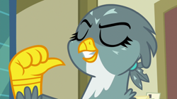 Size: 1920x1080 | Tagged: safe, screencap, character:gabby, species:griffon, episode:dragon dropped, g4, my little pony: friendship is magic, eyes closed, female, pointing at self, post office, proud, smiling, solo
