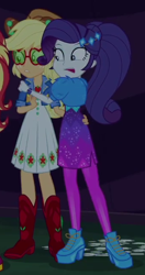 Size: 342x650 | Tagged: safe, screencap, character:applejack, character:rarity, character:sunset shimmer, equestria girls:sunset's backstage pass, g4, my little pony:equestria girls, cropped, female, geode of shielding, magical geodes, music festival outfit