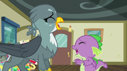 Size: 1920x1080 | Tagged: safe, screencap, character:gabby, character:spike, species:dragon, species:griffon, episode:dragon dropped, g4, my little pony: friendship is magic, comic book, duo, female, gem, male, post office, winged spike