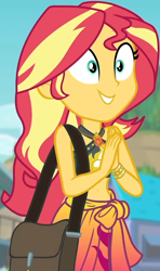 Size: 550x928 | Tagged: safe, screencap, character:sunset shimmer, equestria girls:forgotten friendship, g4, my little pony:equestria girls, belly button, bikini, bikini top, blurred background, building, cliff, clothing, cloud, cropped, cute, female, forest background, geode of empathy, gold, hands together, jewelry, magical geodes, midriff, necklace, outdoors, sarong, shimmerbetes, shoulder bag, sky, sleeveless, smiling, solo, sun, swimsuit, wristband
