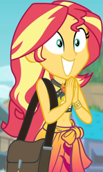 Size: 553x927 | Tagged: safe, screencap, character:sunset shimmer, equestria girls:forgotten friendship, g4, my little pony:equestria girls, belly button, bikini, bikini top, blurred background, building, cliff, clothing, cloud, cropped, cute, female, forest background, geode of empathy, gold, hands together, jewelry, magical geodes, midriff, necklace, outdoors, sarong, shimmerbetes, shoulder bag, sky, sleeveless, smiling, solo, sun, swimsuit, wristband