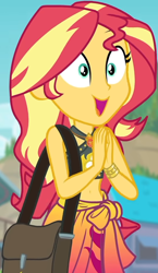 Size: 536x925 | Tagged: safe, screencap, character:sunset shimmer, equestria girls:forgotten friendship, g4, my little pony:equestria girls, belly button, bikini, bikini top, blurred background, building, cliff, clothing, cloud, cropped, cute, female, forest background, geode of empathy, hands together, jewelry, magical geodes, midriff, necklace, sarong, shimmerbetes, shoulder bag, sky, sleeveless, smiling, solo, sun, swimsuit