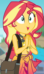 Size: 546x923 | Tagged: safe, screencap, character:sunset shimmer, my little pony:equestria girls, belly button, bikini, bikini top, blurred background, building, cliff, clothing, cloud, cropped, cute, female, forest background, geode of empathy, hands together, jewelry, magical geodes, midriff, necklace, sarong, shimmerbetes, shoulder bag, sky, sleeveless, smiling, solo, sun, swimsuit