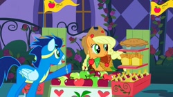 Size: 1280x720 | Tagged: safe, screencap, character:applejack, character:soarin', species:earth pony, species:pegasus, species:pony, episode:the best night ever, g4, my little pony: friendship is magic, clothing, dress, female, gala dress, goggles, male, stallion, uniform, wonderbolts uniform