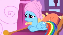 Size: 1280x720 | Tagged: safe, screencap, character:rainbow dash, species:pegasus, species:pony, episode:the best night ever, g4, my little pony: friendship is magic, female, mare, ponyloaf, sitting, solo, towel, towel on head