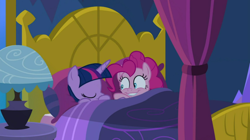 Size: 824x462 | Tagged: safe, screencap, character:pinkie pie, character:twilight sparkle, character:twilight sparkle (alicorn), species:alicorn, species:pony, episode:cakes for the memories, bed, context is for the weak, i came, lip bite, out of context, sleeping