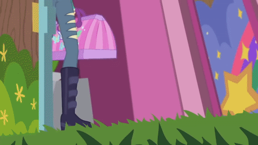 Size: 520x293 | Tagged: safe, screencap, character:fluttershy, episode:the road less scheduled, g4, my little pony:equestria girls, alternate hairstyle, animated, boots, choker, chokershy, clothing, crystal skull staff, eyeshadow, festival, flutterpunk, gif, makeover, makeup, metal, metalshy, outfit, ripped pants, shoes, solo, staff, studded belt, studded choker, tank top, the road less scheduled: fluttershy, toilet