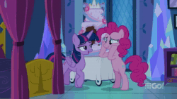 Size: 1920x1080 | Tagged: safe, screencap, character:pinkie pie, character:twilight sparkle, character:twilight sparkle (alicorn), species:alicorn, species:earth pony, species:pony, episode:cakes for the memories, 9go, animated, bed, bipedal, cake, crying, cute, eyes closed, food, happy, hooves on cheeks, hug, looking at each other, nervous grin, smiling, sound, squishy cheeks, talking, tears of joy, twilight's castle, webm, wings