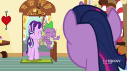 Size: 1280x720 | Tagged: safe, screencap, character:spike, character:starlight glimmer, character:twilight sparkle, character:twilight sparkle (alicorn), species:alicorn, species:dragon, species:pony, episode:cakes for the memories, 9now, animated, animation error, sound, webm, winged spike