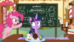 Size: 1280x720 | Tagged: safe, screencap, character:pinkie pie, character:twilight sparkle, character:twilight sparkle (alicorn), species:alicorn, species:earth pony, species:pony, episode:cakes for the memories, bipedal, cake, chalkboard, chubby cheeks, cupcake, devon cody, food, rainbow cupcake
