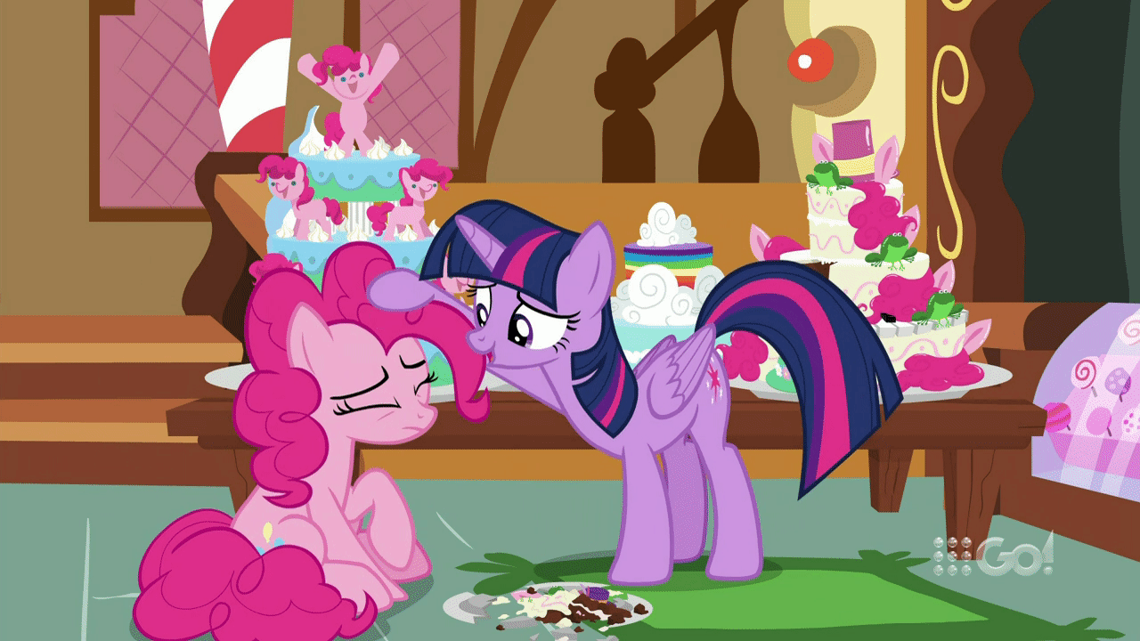 Size: 1280x720 | Tagged: safe, screencap, character:pinkie pie, character:twilight sparkle, character:twilight sparkle (alicorn), species:alicorn, species:earth pony, species:pony, episode:cakes for the memories, 9go, animated, cute, diapinkes, duo, duo female, female, gif, head pat, loop, pat, sugarcube corner