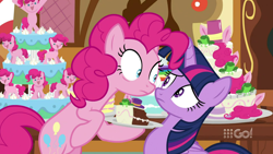 Size: 1280x720 | Tagged: safe, screencap, character:pinkie pie, character:twilight sparkle, character:twilight sparkle (alicorn), species:alicorn, species:earth pony, species:pony, episode:cakes for the memories, 9go, bipedal, cake, duo, duo female, female, food, intense stare, nervous, stare, sugarcube corner